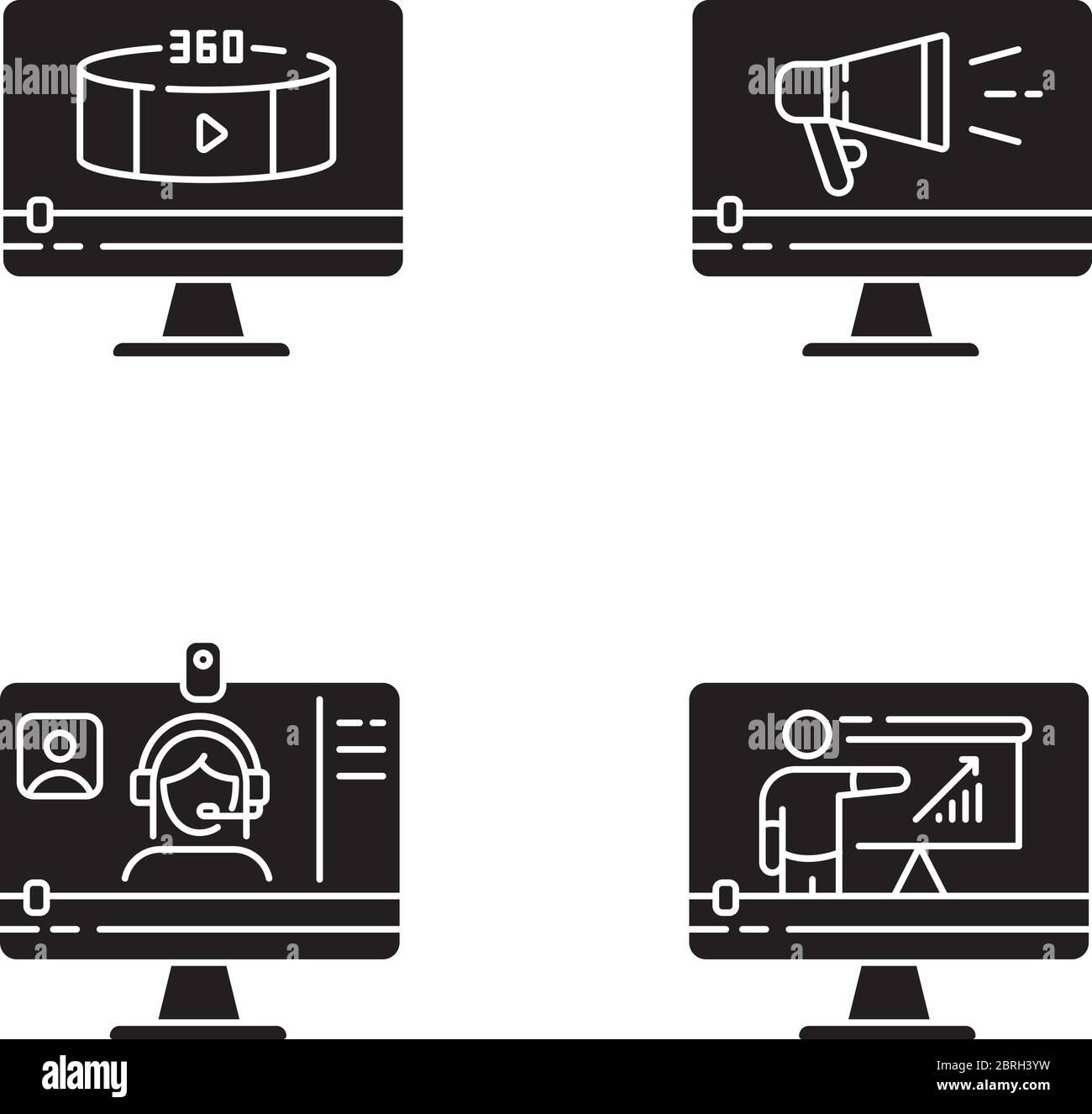 Internet video glifo nero icone impostato su spazio bianco Illustrazione Vettoriale