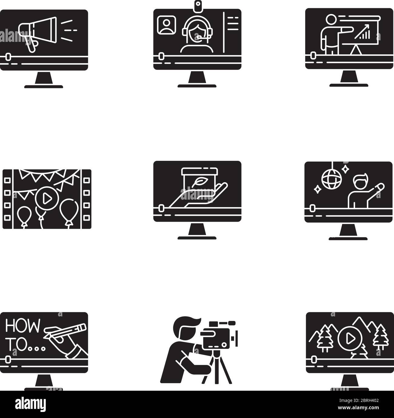 Videografia icone glifo nero impostate su spazio bianco Illustrazione Vettoriale