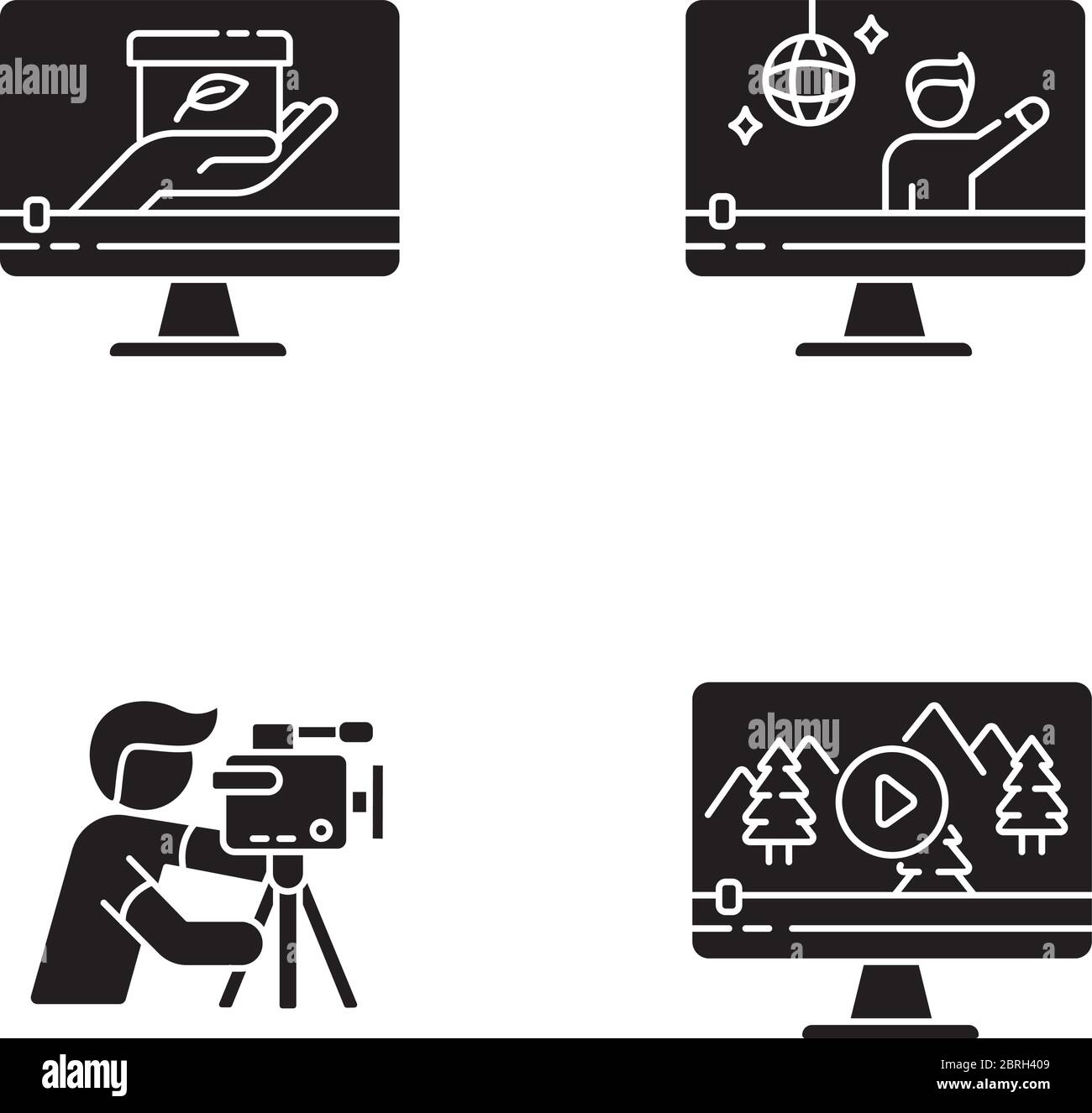 Filmmaking e videografia icone glifi nero impostate su spazio bianco Illustrazione Vettoriale