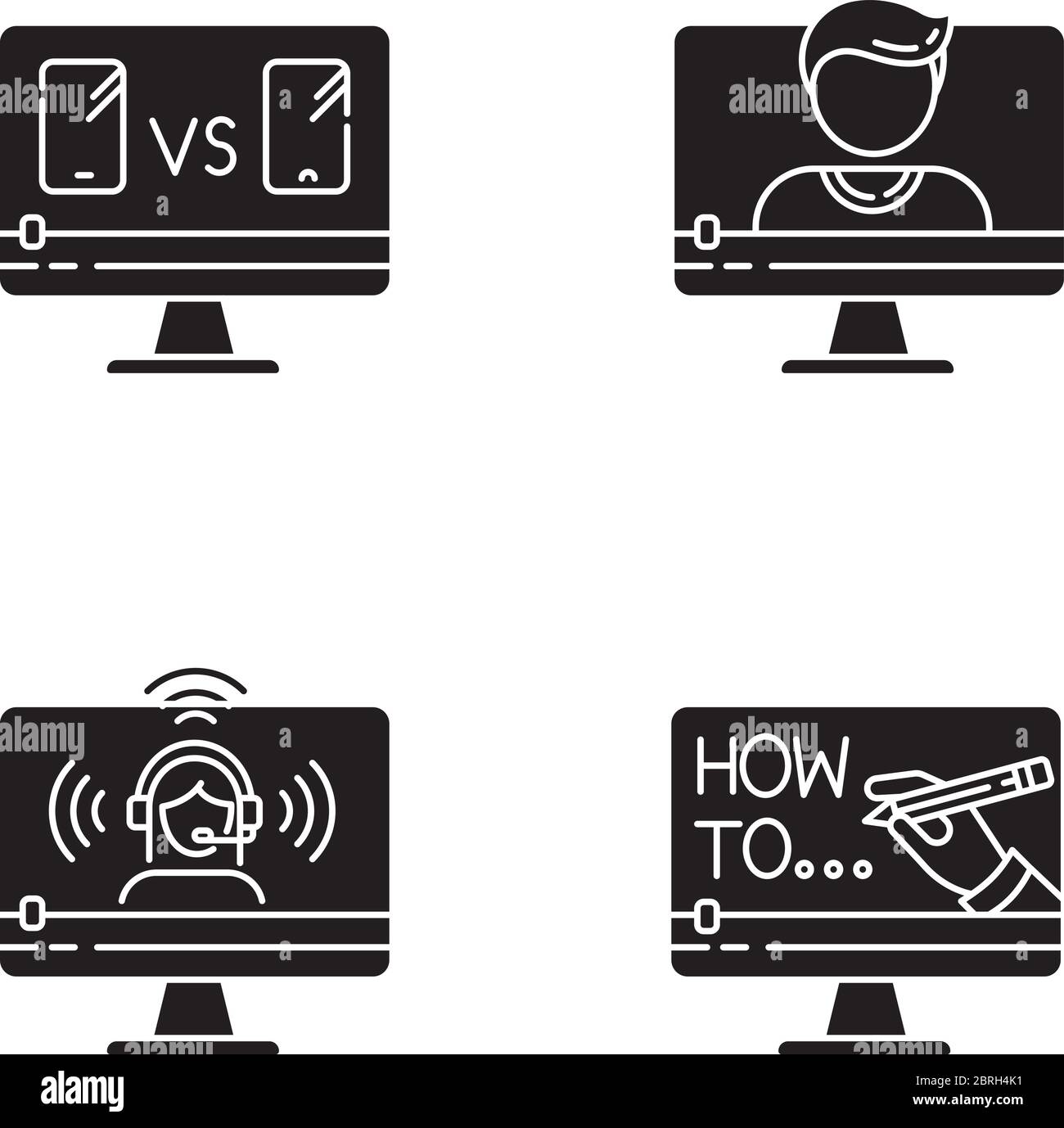 Video online guardando le icone glifi nere impostate su spazio vuoto Illustrazione Vettoriale