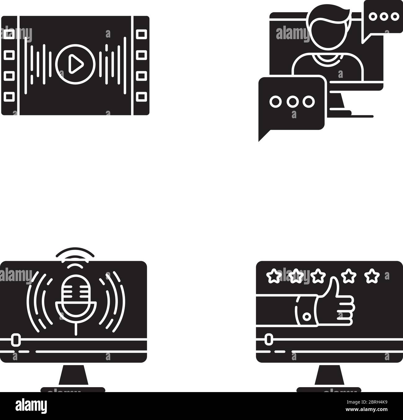 Videografia icone glifo nero impostate su spazio bianco Illustrazione Vettoriale