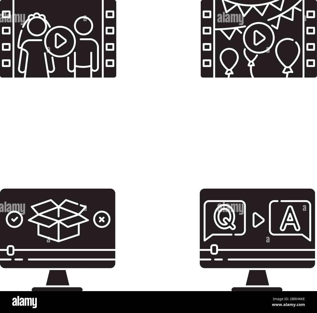 Contenuto video icone glifo nero impostate su spazio bianco Illustrazione Vettoriale