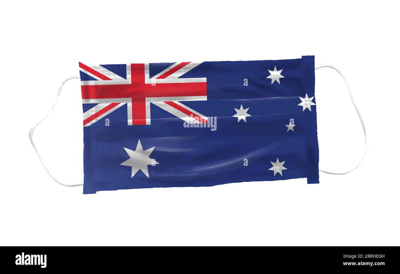 Maschera medica con schema flag Australia su sfondo bianco, per virus corona o covid-19, maschere di sicurezza per l'inflessione del virus, protec Foto Stock