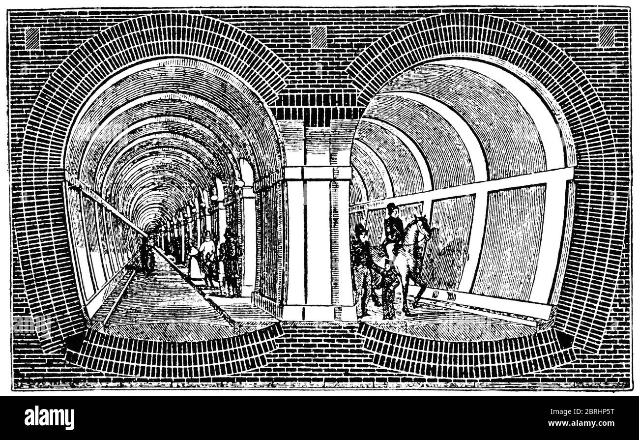 La metropolitana della Torre - è un tunnel sotto il Tamigi nel centro di Londra, Inghilterra. La struttura interna. Illustrazione del 19 ° secolo. Sfondo bianco. Foto Stock