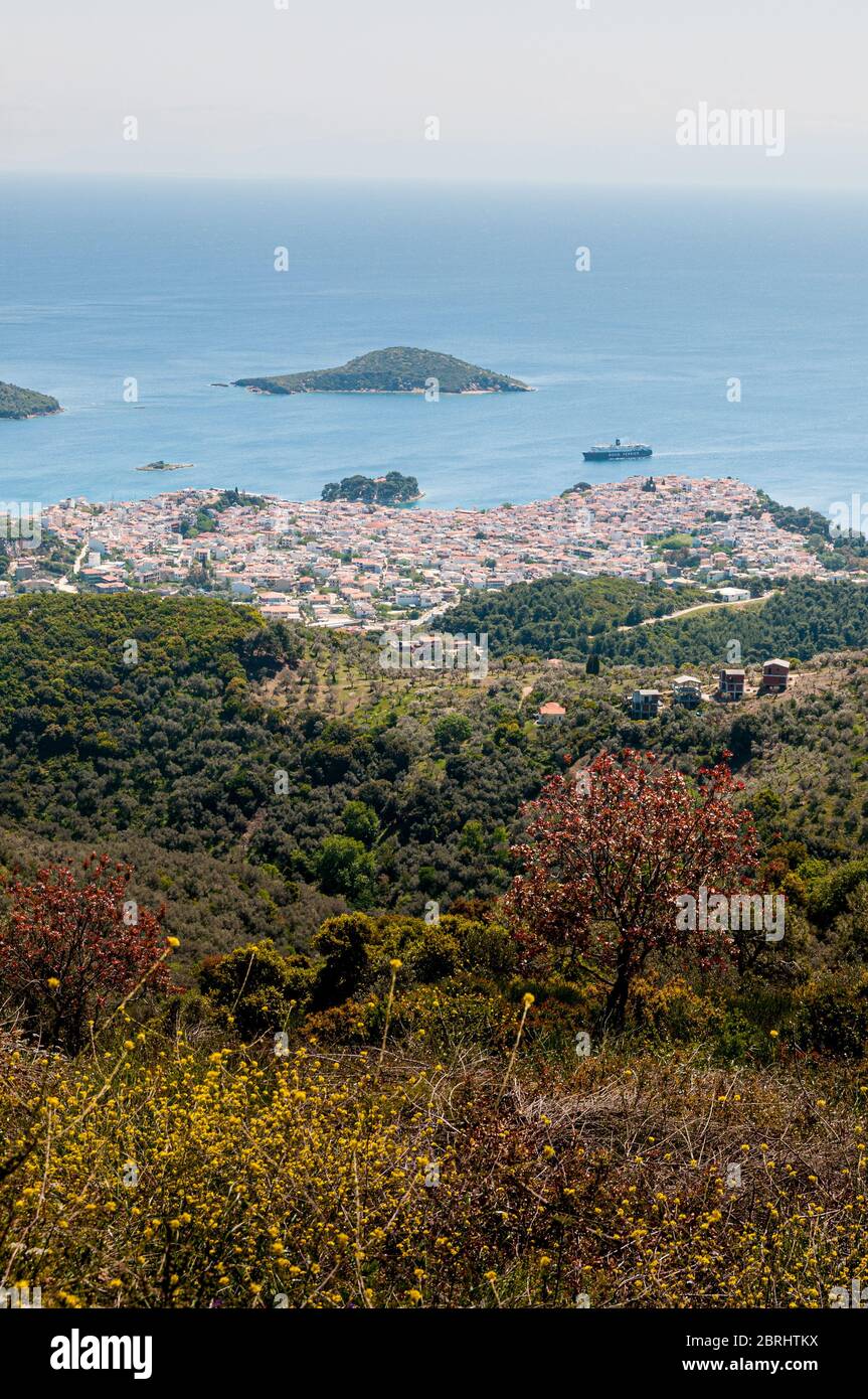 Immagini scattate sulla bellissima isola di Skiathos, situata nelle acque blu del Mar Egeo. Foto Stock