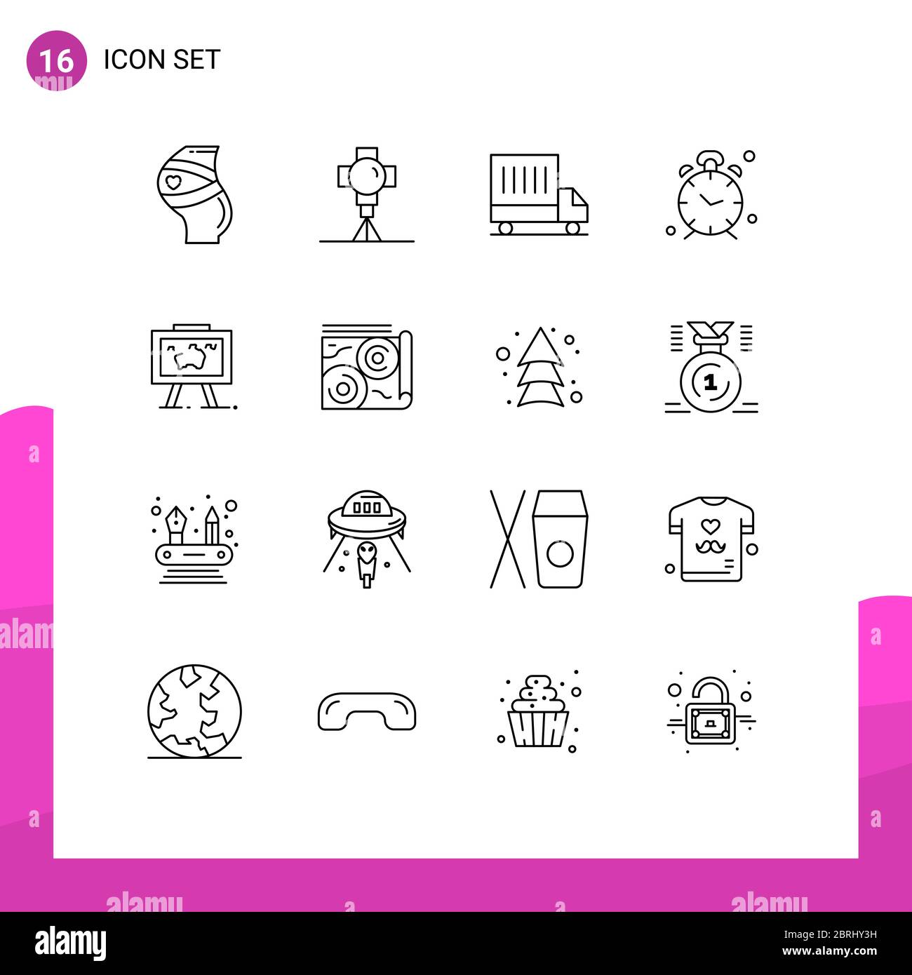 Set di 16 icone moderne dell'interfaccia utente simboli per avvisi, orologio, film, tempo, van Editable Vector Design Elements Illustrazione Vettoriale