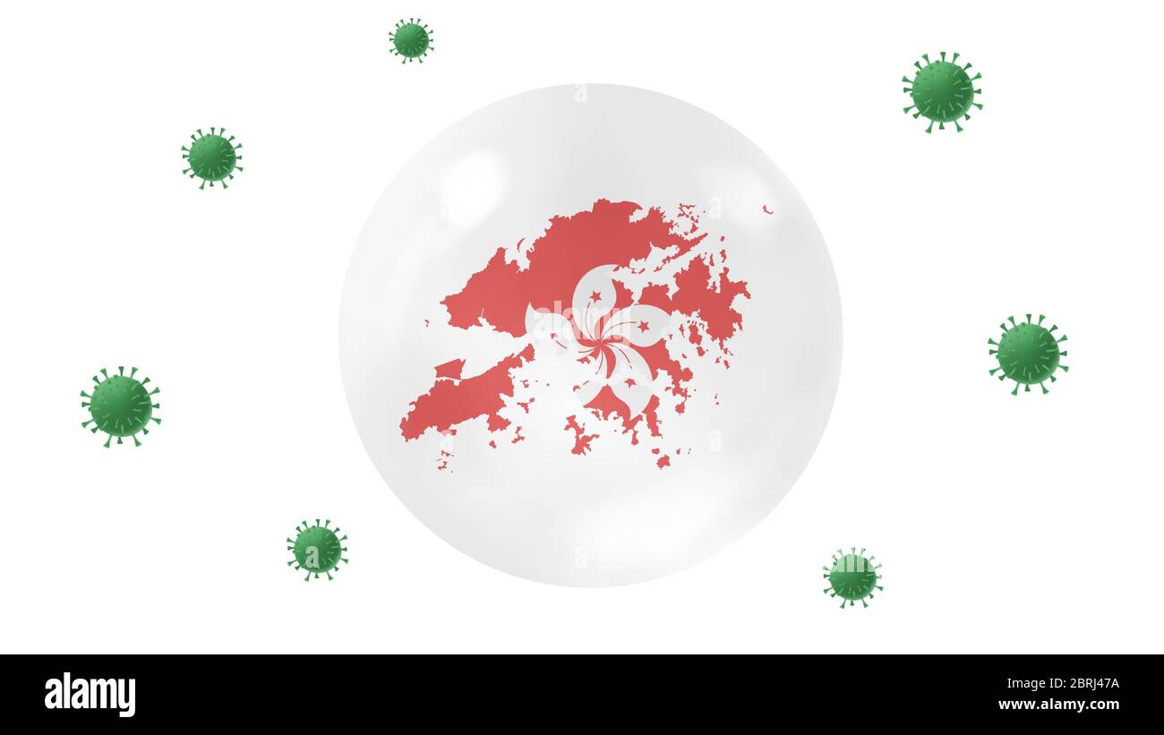 Hong Kong mappa all'interno di Crystal ball proteggere da corona virus, rimanere a casa, lavoro per casa, superare focolaio di virus, concetto di protezione virus, su bianco b Foto Stock