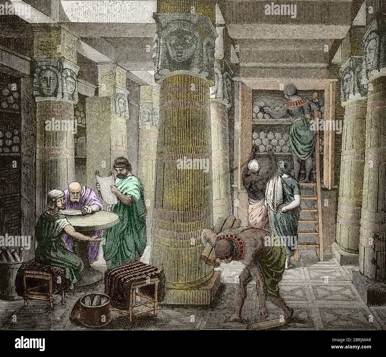 'Erudits dans la bibliotheque d'Alexandrie, detruite it 642, Egypte) (Vista della biblioteca di Alessandria, Egitto) gravure de la fin du 19eme siecle col Foto Stock