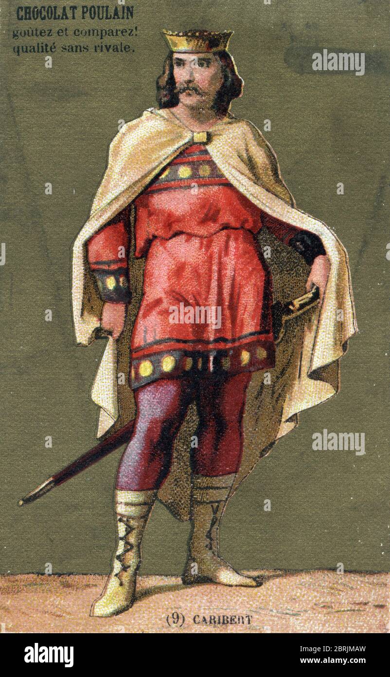 "Representation de Caribert Ier (Charibert), roi de Paris (561-567)" (Ritratto di Charibert i, re merovingio di Parigi) Chromolithographie de la fin Foto Stock