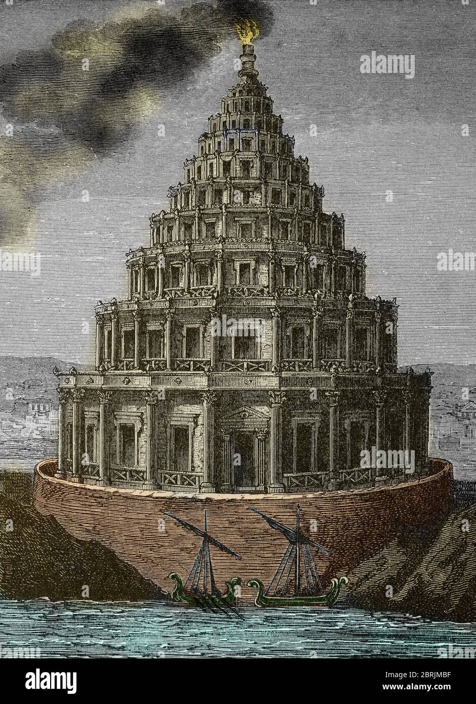 Representation des sept Merveilles de l'Antiquite : le phare d'Alexandrie (sur l'ile de Pharos) a Alexandrie, Egypte (Vista del Faro di Pharo Foto Stock
