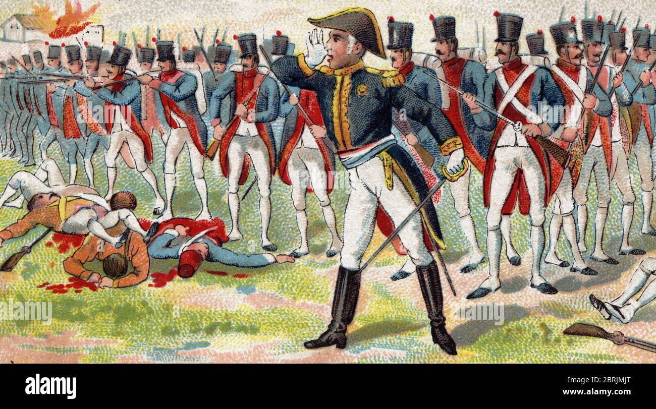 Premier Empire : Representation du General Pierre Cambronne (1770-1842) pronondant ''la garde meurt mais ne se rend pas'' a la bataille de Waterloo, 1 Foto Stock