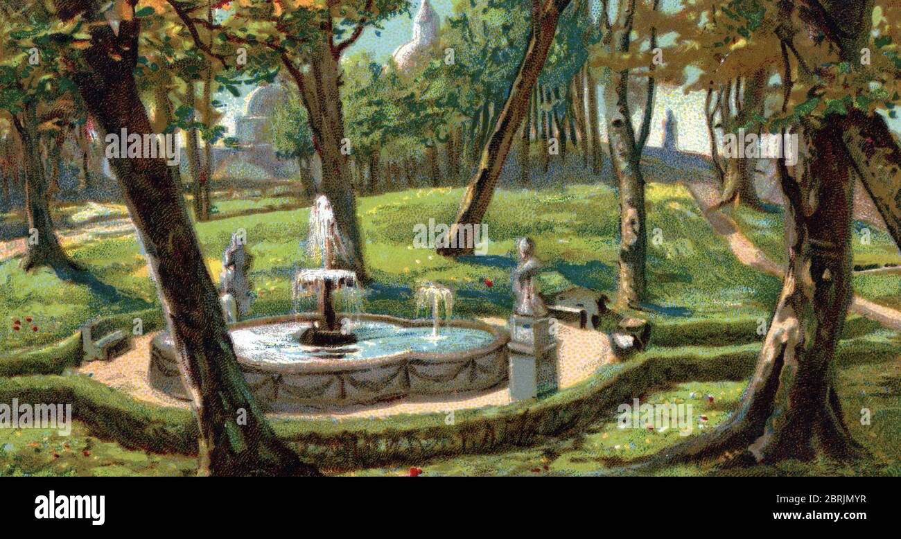 "Vue des jardins de la CITE du Vatican, Rome, Italie" (Vista dei giardini vaticani, Italia) Chromolithographie des annees 1930 Collection privee Foto Stock