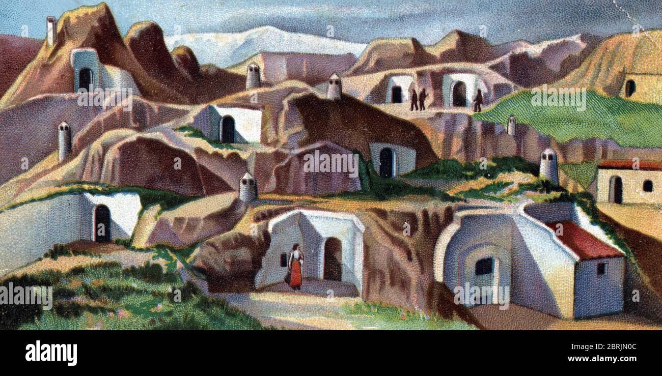"Vue des maisons troglodytes de Guadix, Andalousie, Espagne" (abitazioni rupestri a Guadix, Spagna) Chromolithographie du 20eme siecle Collectio Foto Stock