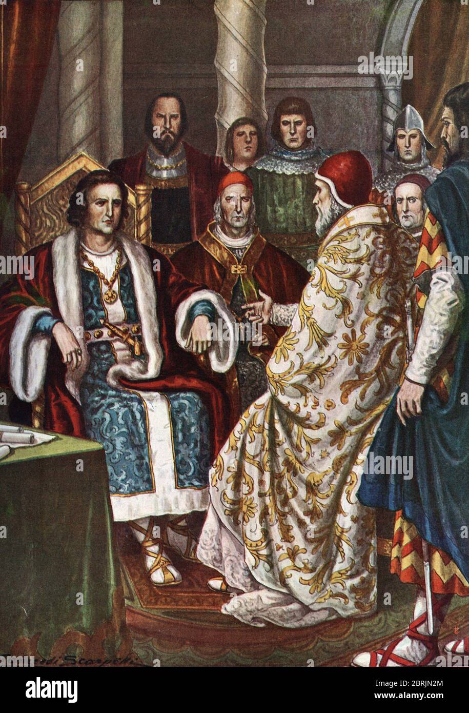 "Rencontre du roi des Francs Pepin le BREF (715-768) et du Pape Etienne (Stephanus) II (752-757) le 6/01/754 a Ponthion pres de Vitry-le-Francois (Mar Foto Stock