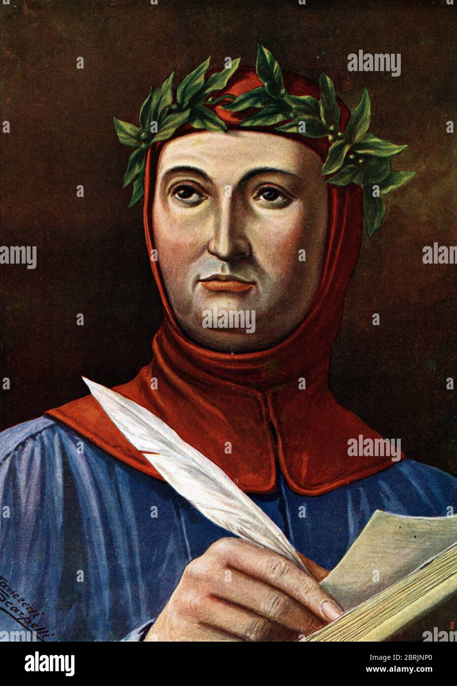 "Portrait du poete et humaniste italien Francesco Petrarca (Petrarca) (1304-1374)" (Ritratto del poeta italiano Petrarca) Illustration de Tancredi scarp Foto Stock