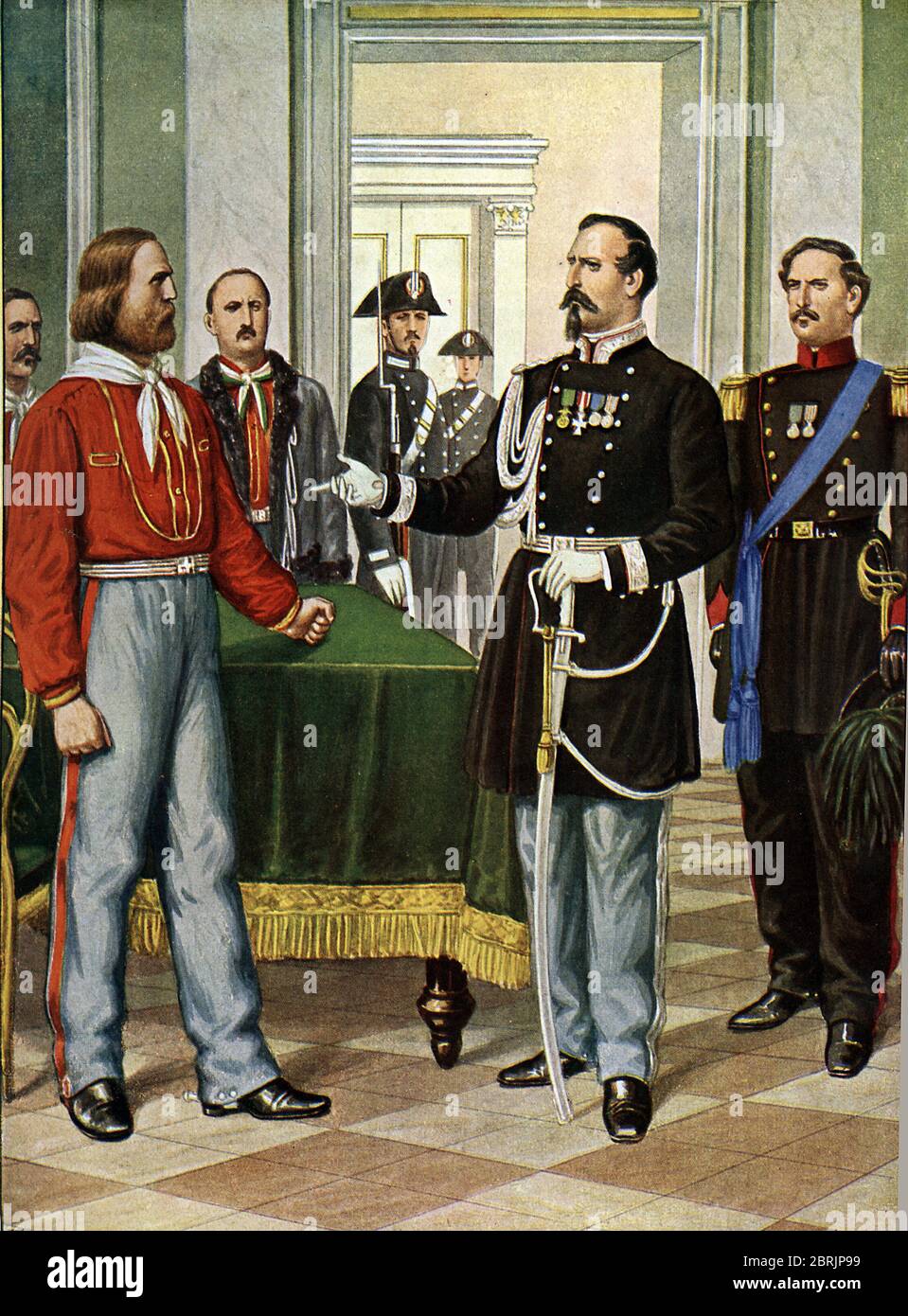 Il patriota italiano Giuseppe Garibaldi (1807-1882) est arrete a genes par le General italien Alfonso la marmora qui l'envoie en exil en Foto Stock