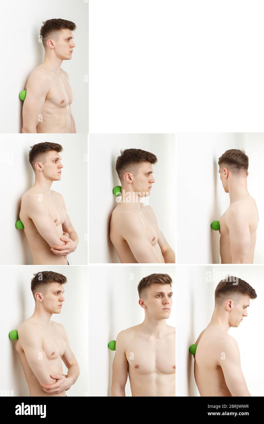 Set di 7 esercizi utilizzando la mini palla fitness per un massaggio di rilascio miofasciale dei punti di innesco. Foto Stock