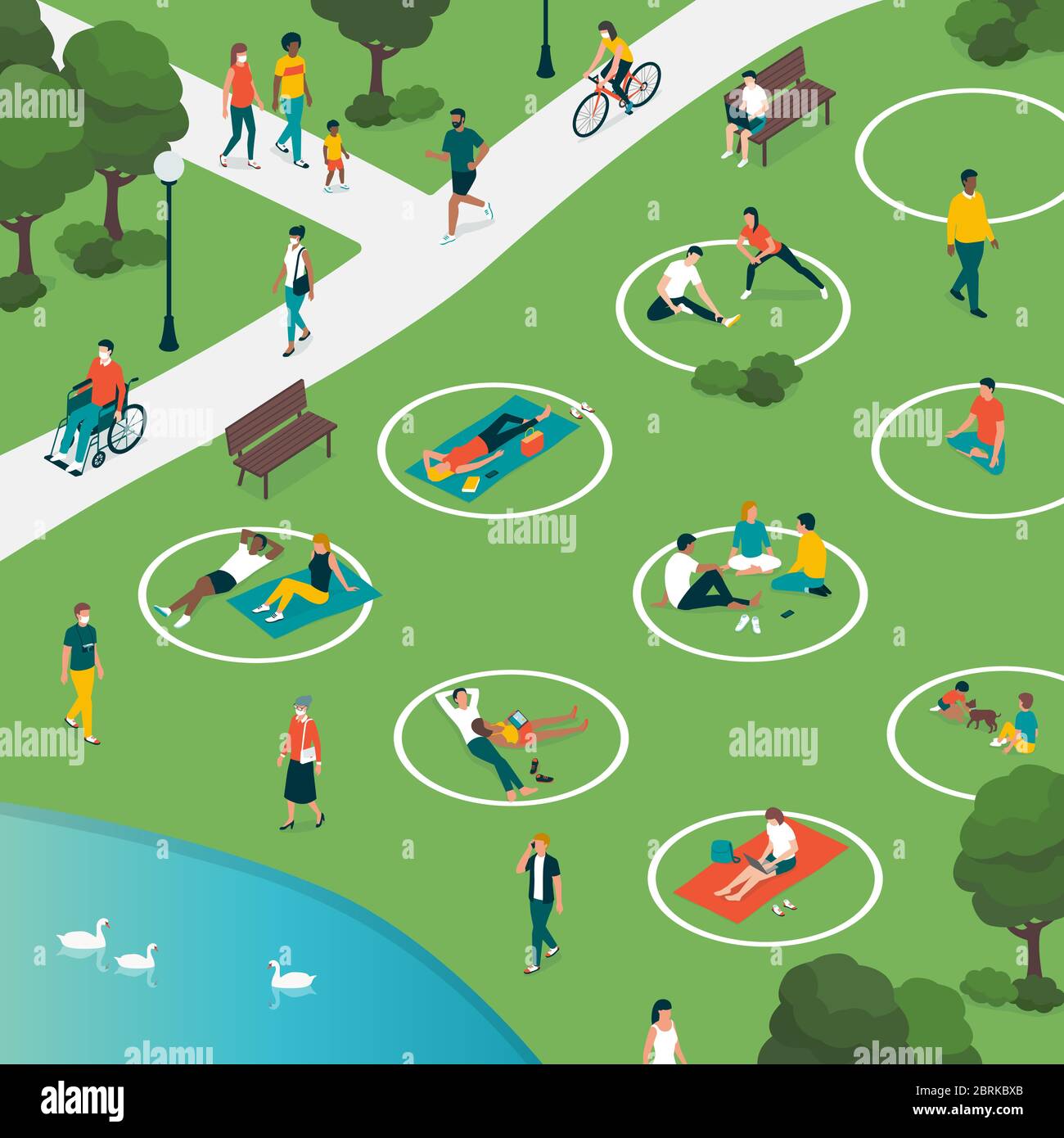 Circoli di distanza sociale nel parco della città e le persone che si rilassano in modo sicuro all'aperto, coronavirus covid-19 prevenzione Illustrazione Vettoriale