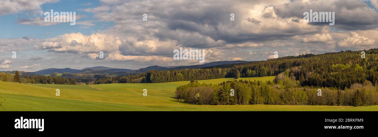 splendido paesaggio con prati, alberi, foreste, sullo sfondo colline boscose e cielo blu con nuvole bianche Foto Stock