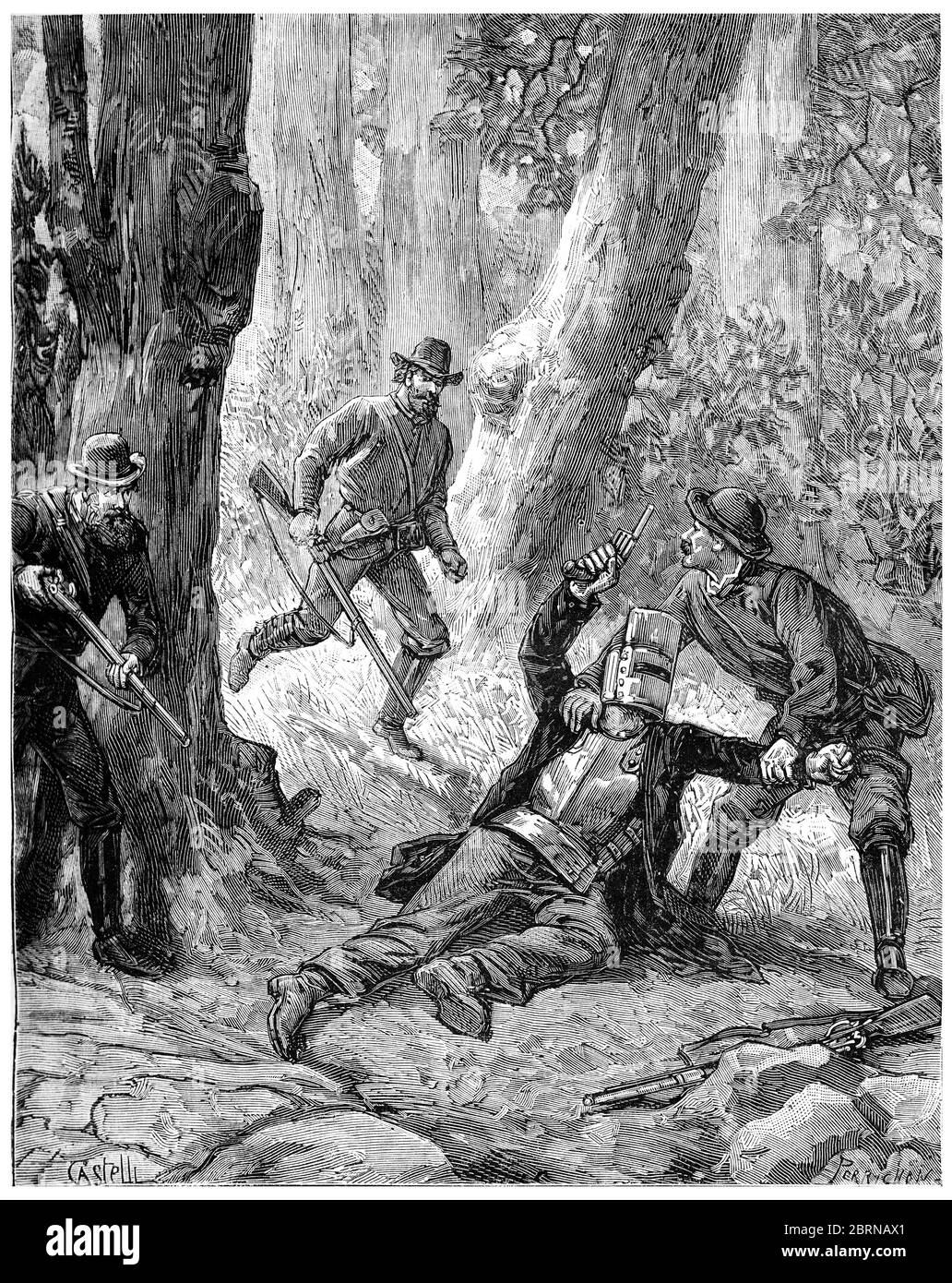 I cespugli dei batteristi in Australia, UN proiettile aveva colpito il ginocchio bandito, illustrazione vintage incisa. Journal des Voyage, Travel Journal, (1880-81). Foto Stock