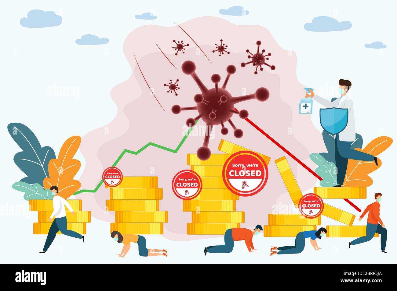 Concetto di crisi finanziaria. L'impatto del coronavirus sulla borsa e sull'economia globale. Covid-19 virus colpisce il mercato. Le azioni cadono. Mercato Illustrazione Vettoriale