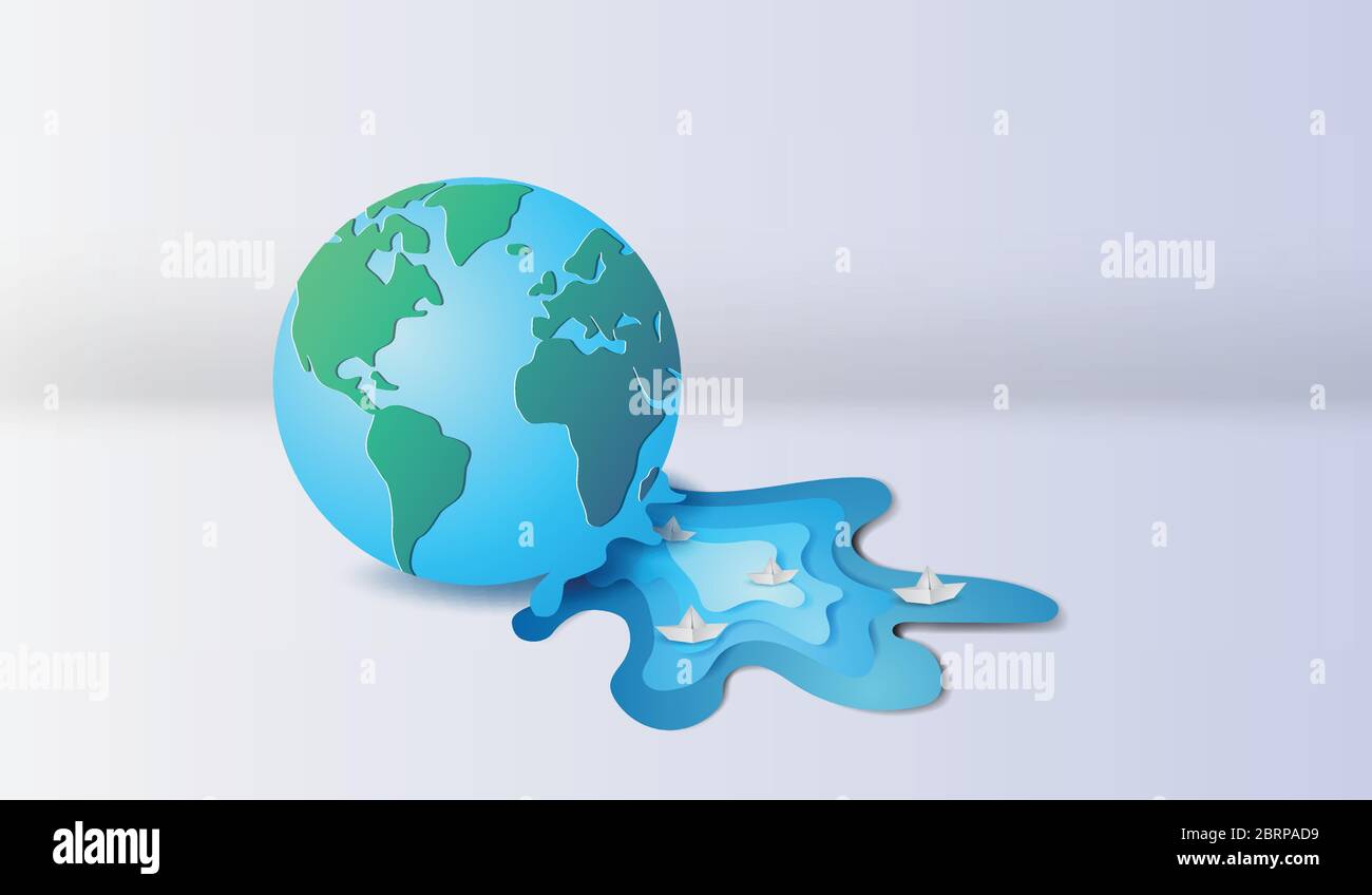 3d Arte e artigianato della Terra con barca a vela galleggiante in fiume, ambiente mondo concept.vettoriale, illustrazione Illustrazione Vettoriale