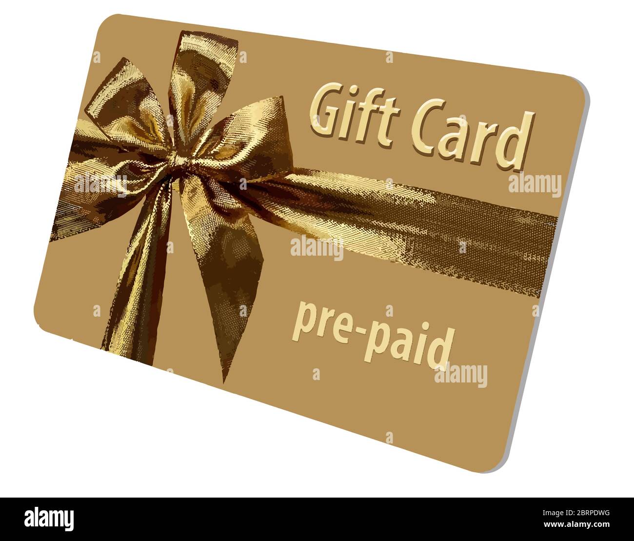 Ecco una carta regalo prepagata oro generica che presenta un colore oro e un arco e nastro d'oro. È isolato su uno sfondo bianco. Questo è un vettore Illustrazione Vettoriale