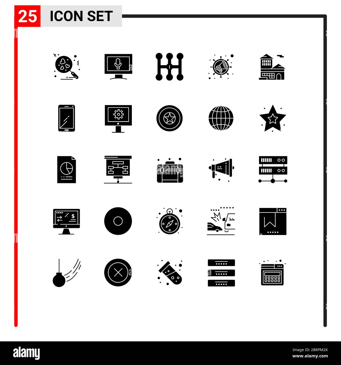 Confezione da 25 simboli e simboli solidi moderni per Web Print Media, come smartphone, ufficio, trasmissione, edificio, banca Editable Vector Design Illustrazione Vettoriale