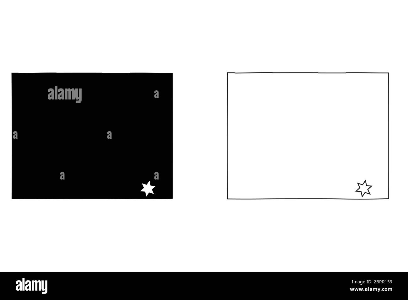 Mappa dello stato di Wyoming WY USA con la Capital City Star a Cheyenne. Mappa di silhouette nere e mappa di contorno su sfondo bianco. Vettore EPS Illustrazione Vettoriale