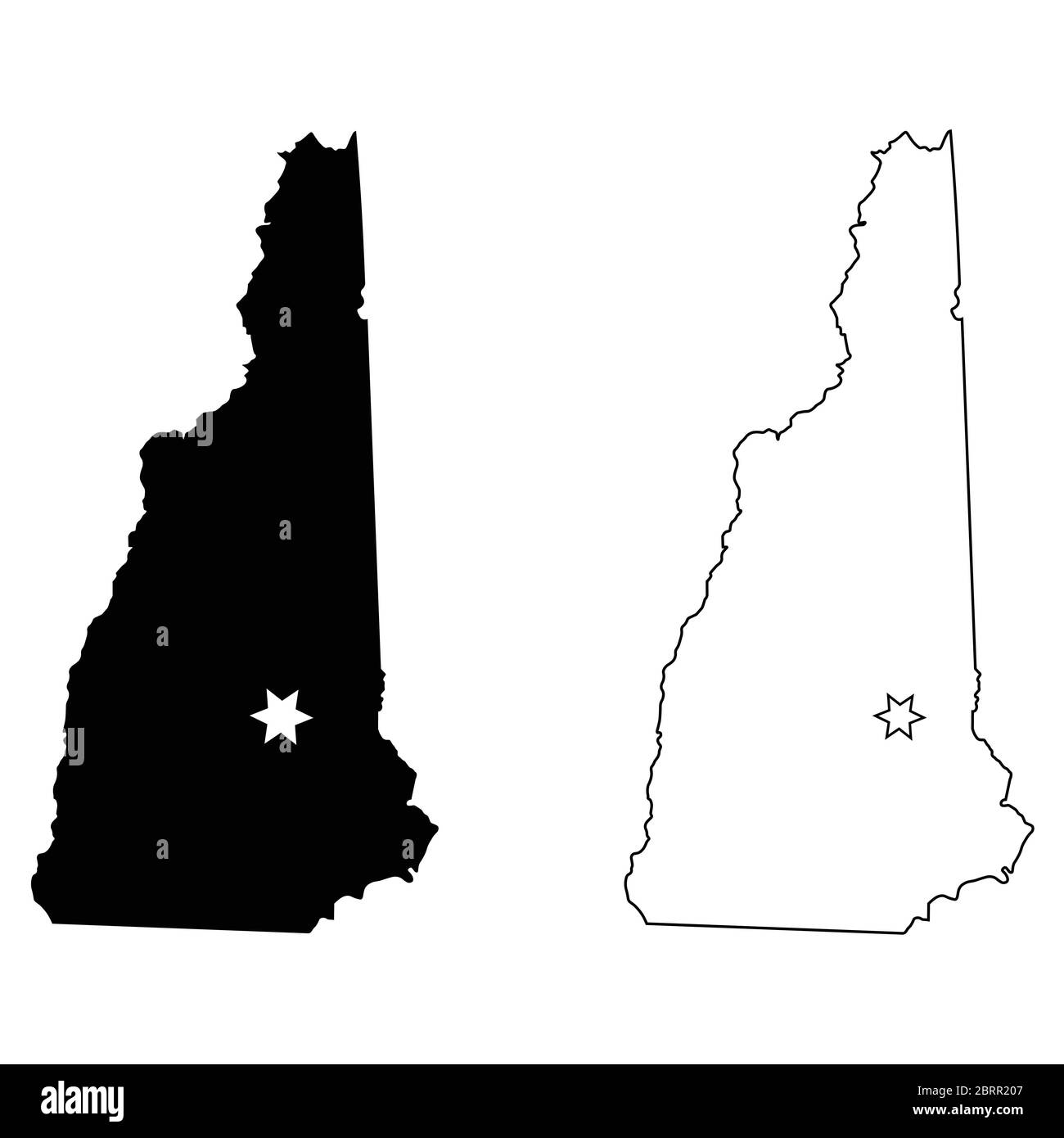 New Hampshire NH state Map USA con Capital City Star a Concord. Silhouette nera e profilo isolato su sfondo bianco. Vettore EPS Illustrazione Vettoriale