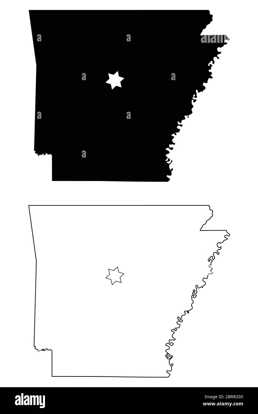 Arkansas AR state Map USA con Capital City Star a Little Rock. Silhouette nera e mappe isolate su sfondo bianco. Vettore EPS Illustrazione Vettoriale