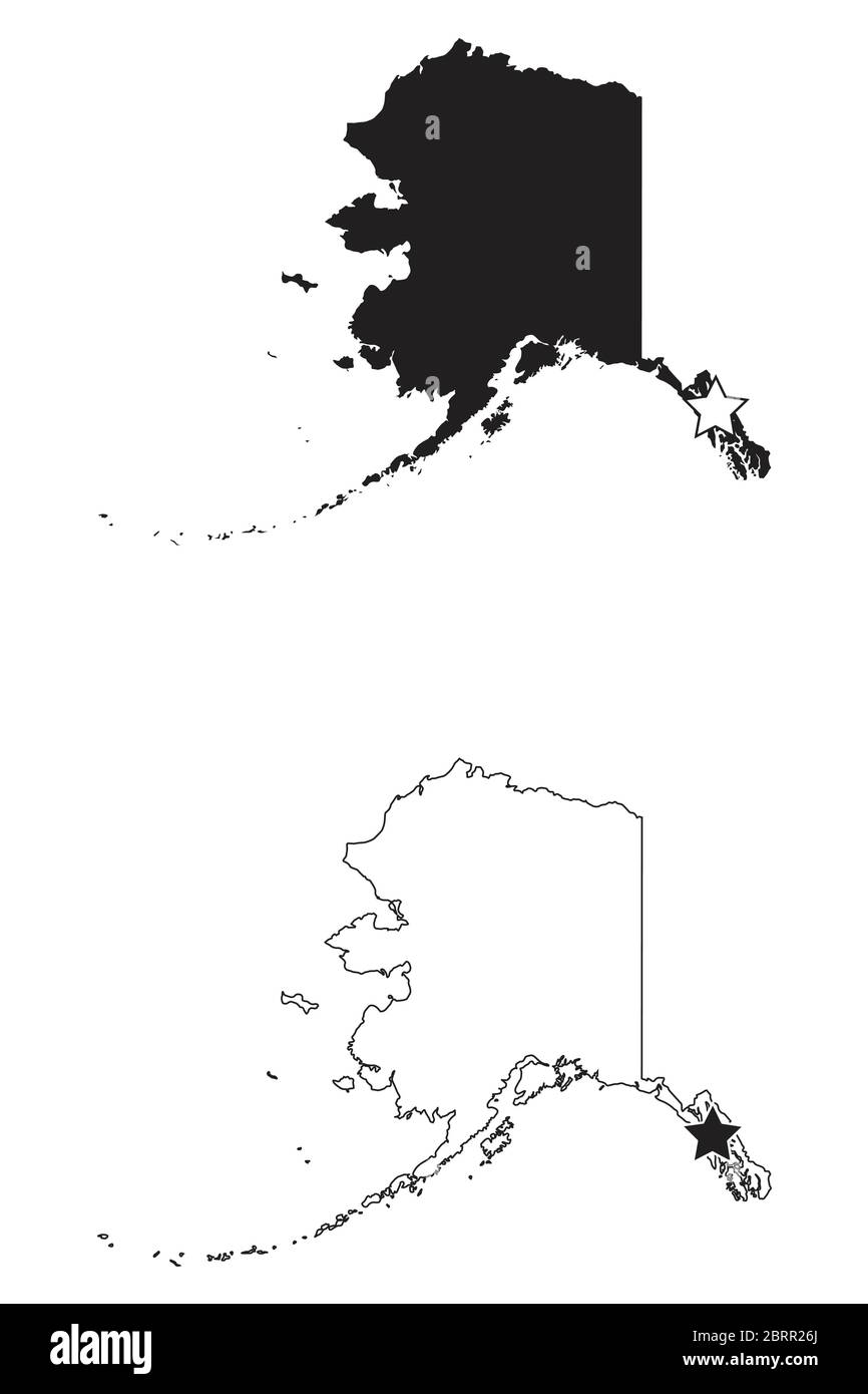 Juneau Alaska AK mappa di stato USA con la stella capitale. Silhouette nera e mappe isolate su sfondo bianco. Vettore EPS Illustrazione Vettoriale