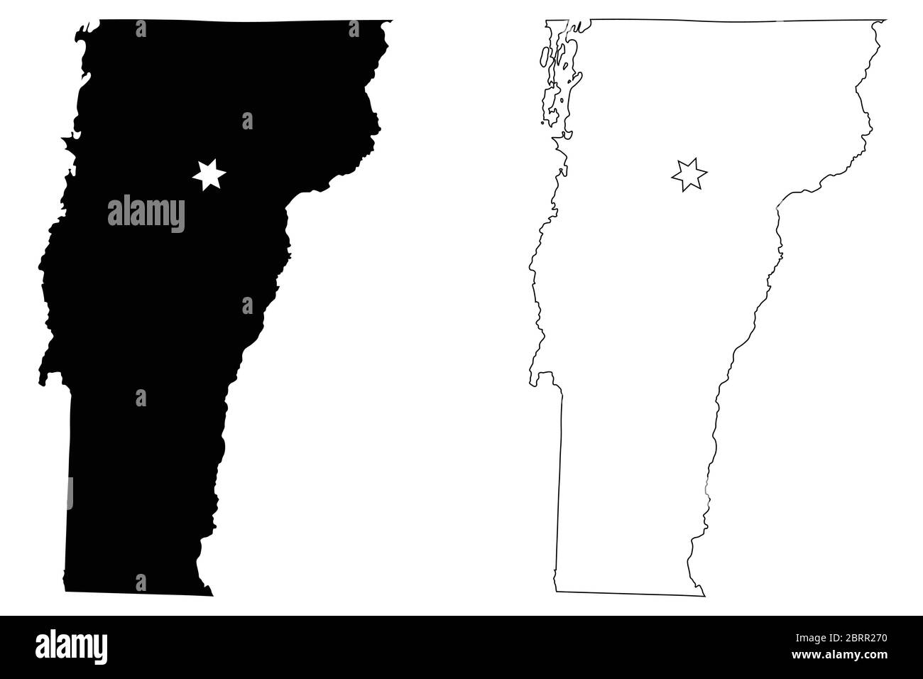 Vermont VT state Map USA con Capital City Star a Montpelier. Silhouette nera e mappe isolate su sfondo bianco. Vettore EPS Illustrazione Vettoriale