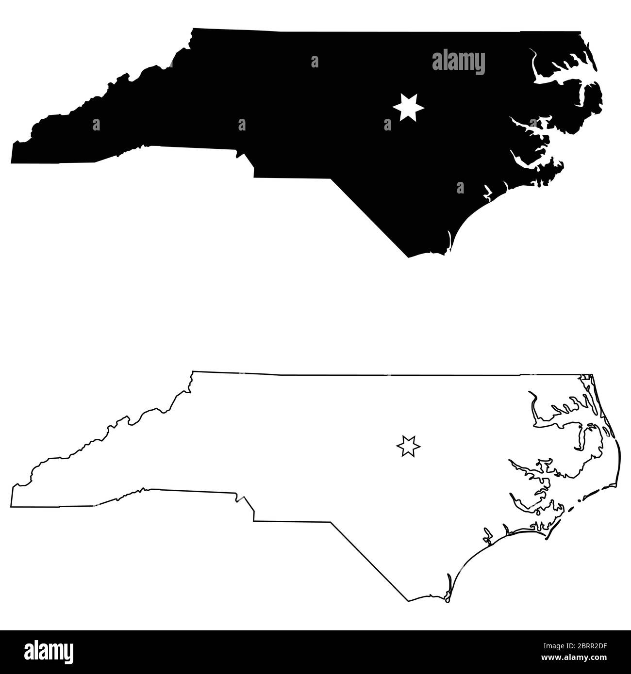 North Carolina North Carolina North Carolina North Carolina North Carolina state Map USA con Capital City Star a Raleigh. Silhouette nera e profilo isolato su sfondo bianco. Vettore EPS Illustrazione Vettoriale