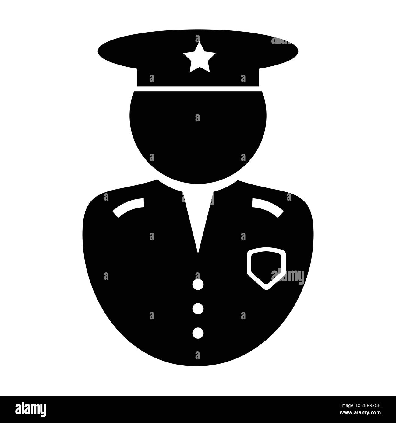 Icona del responsabile della polizia. Icona raffigurante un pittogramma in bianco e nero raffigurante un ufficiale dell'applicazione della legge in uniforme con cappello e badge. Vettore EPS Illustrazione Vettoriale