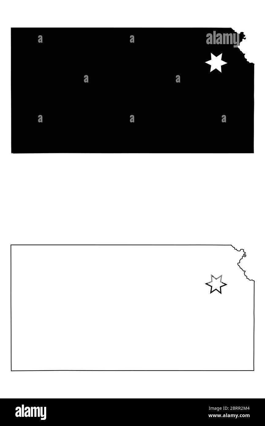 Mappe dello stato del Kansas KS con la Capital City Star a Topeka. Silhouette nera e profilo isolato su sfondo bianco. Vettore EPS Illustrazione Vettoriale