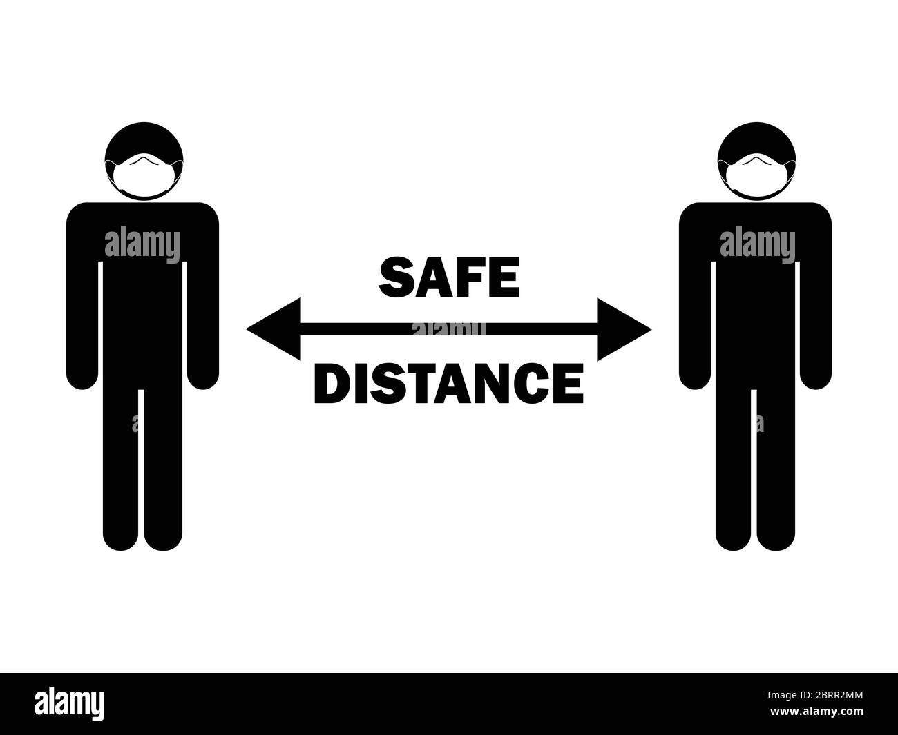 Distanza di sicurezza Stick Figure con maschera. Illustrazione che illustra le linee guida e le regole di allontanamento sociale durante il covid-19. Vettore EPS Illustrazione Vettoriale