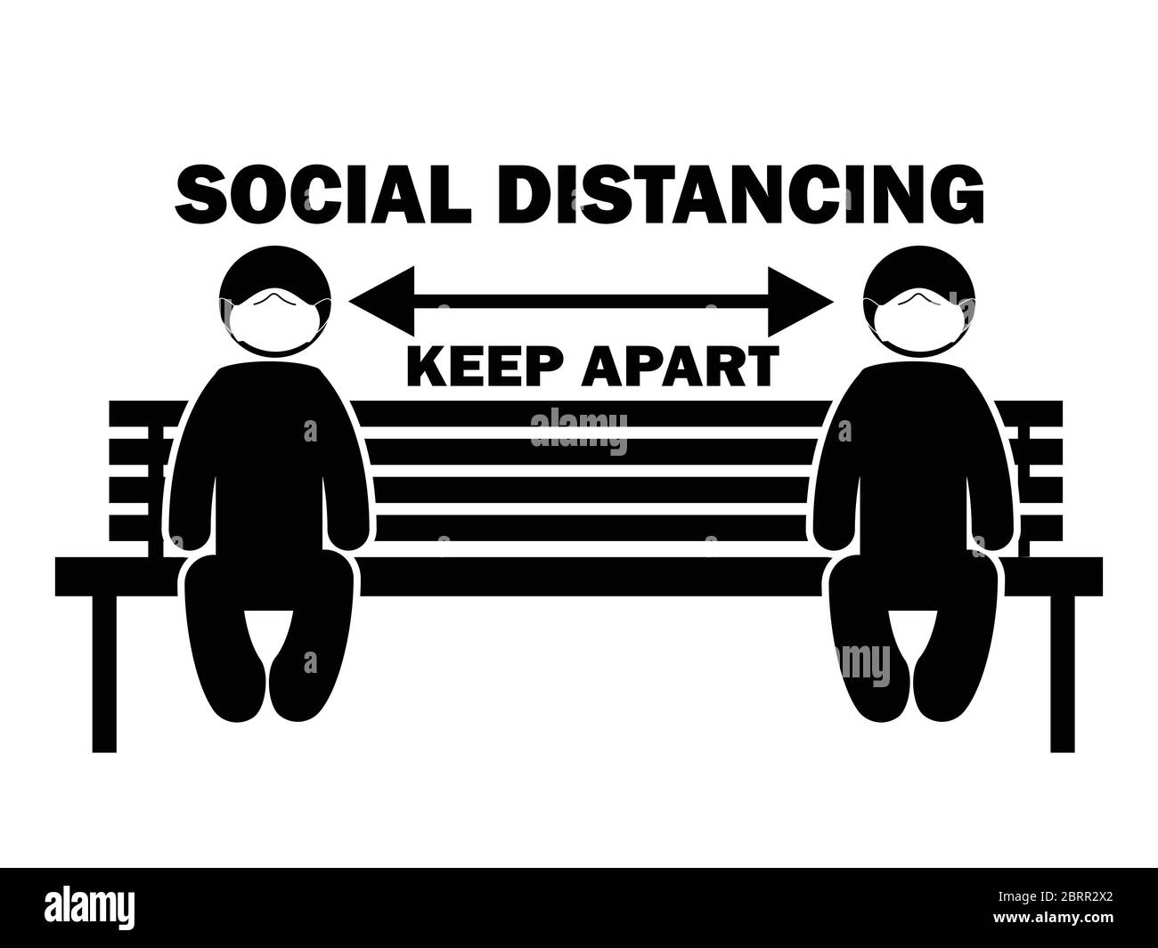 Social Distancing Keep Apart Stick Figure con maschera sul banco. Freccia di illustrazione che illustra le linee guida e le regole di allontanamento sociale durante il covid-19. EPS Illustrazione Vettoriale