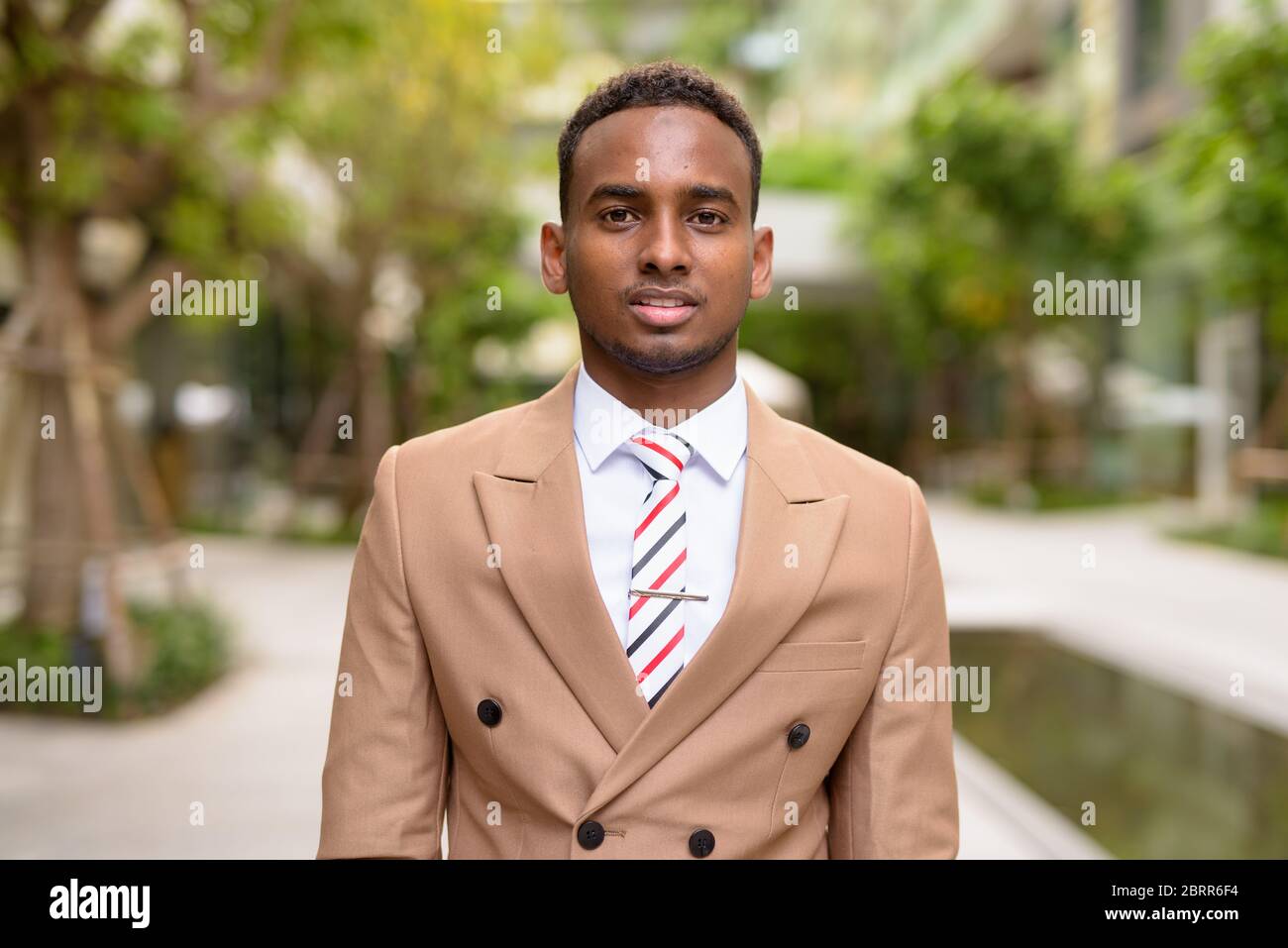 Giovane bell'uomo d'affari africano con la natura in città Foto Stock