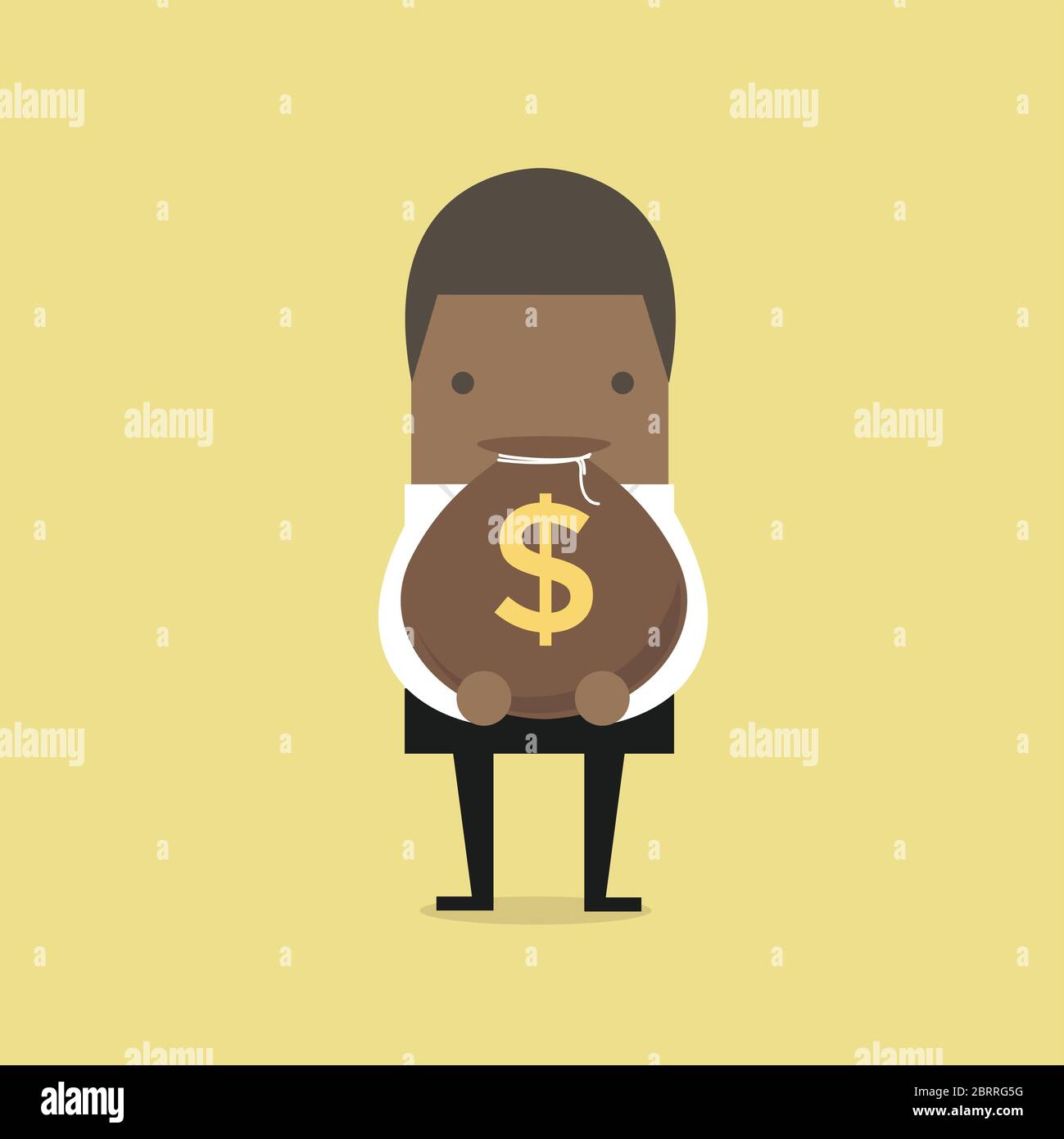 Uomo d'affari africano che tiene un sacchetto di soldi con il segno del dollaro. Illustrazione Vettoriale