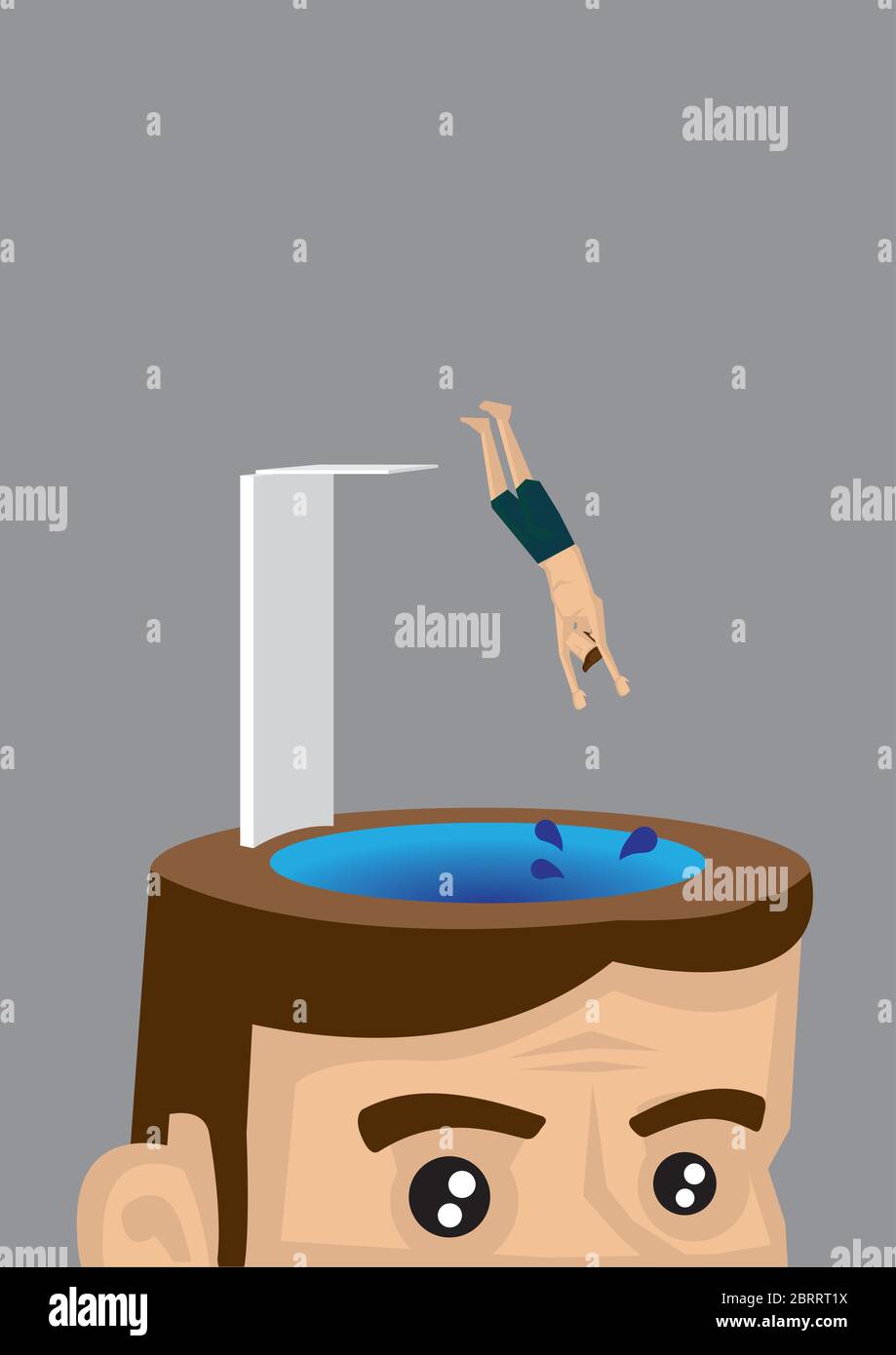 Illustrazione vettoriale di un uomo piccolo che salta fuori da una trampolino e che si tuffa a testa in testa nel cervello di un uomo Illustrazione Vettoriale
