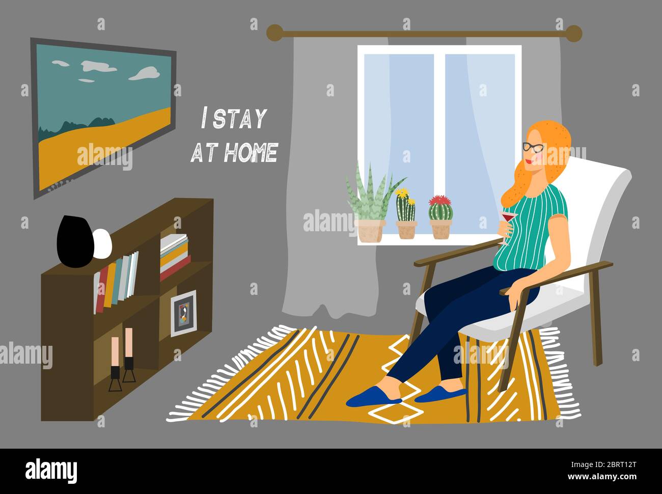 Rimani a casa. Ragazza seduta su una sedia nell'interno della casa. Illustrazione vettoriale a fumetti in piano Illustrazione Vettoriale