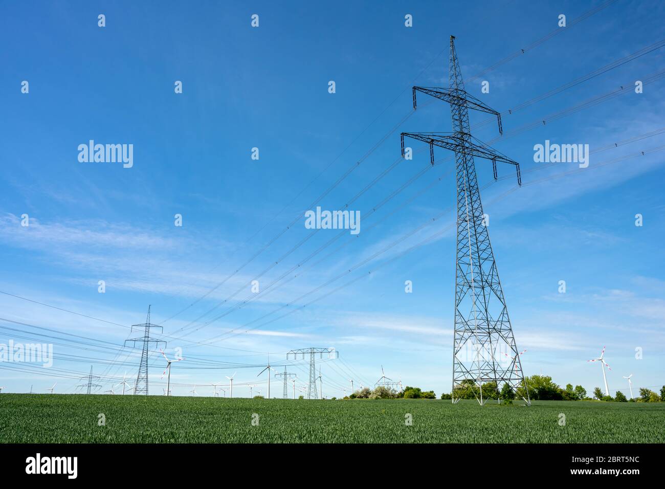 Linee elettriche aeree in un'area agricola vista in Germania Foto Stock