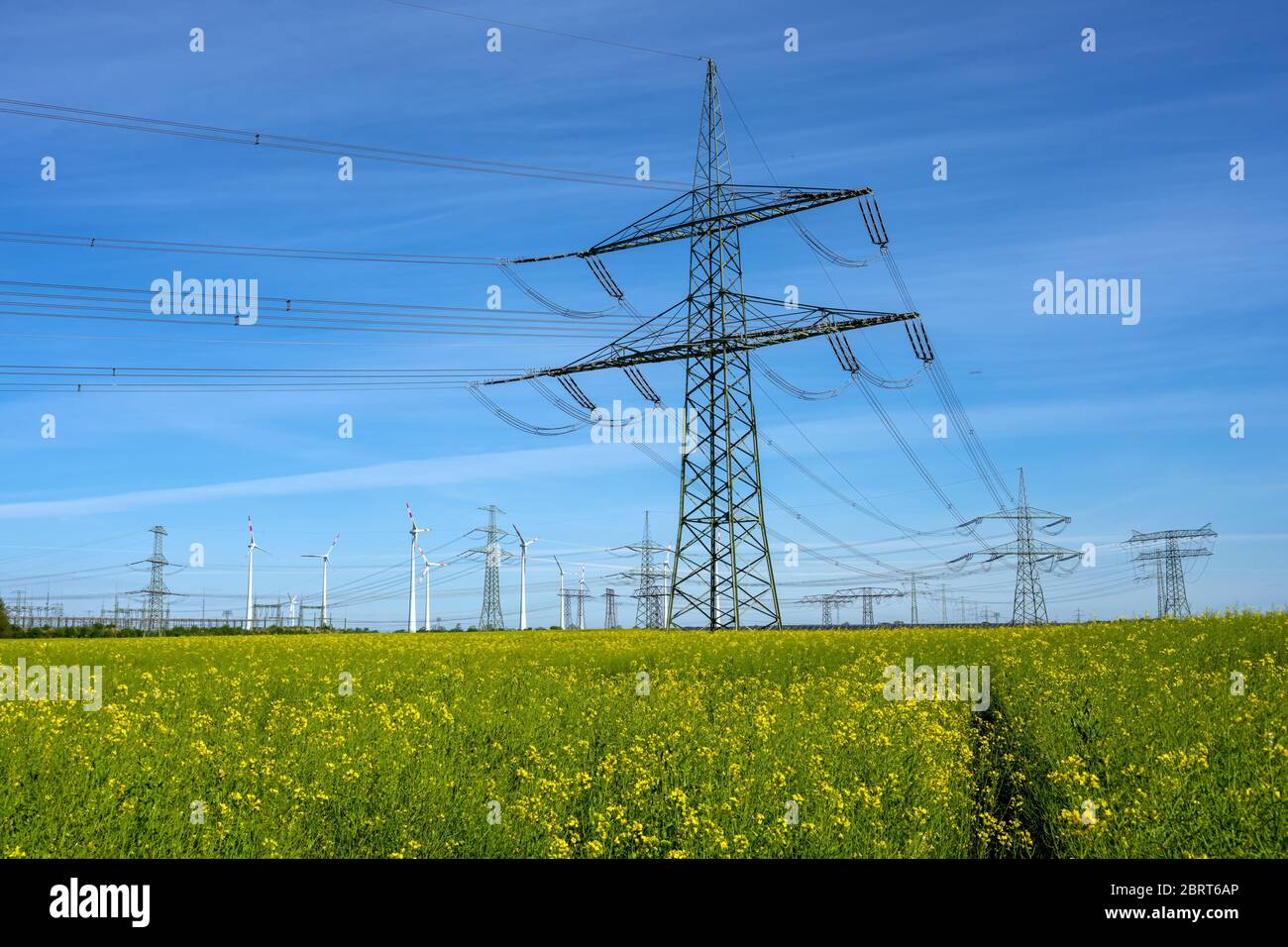 Piloni elettrici e linee elettriche visti in Germania Foto Stock