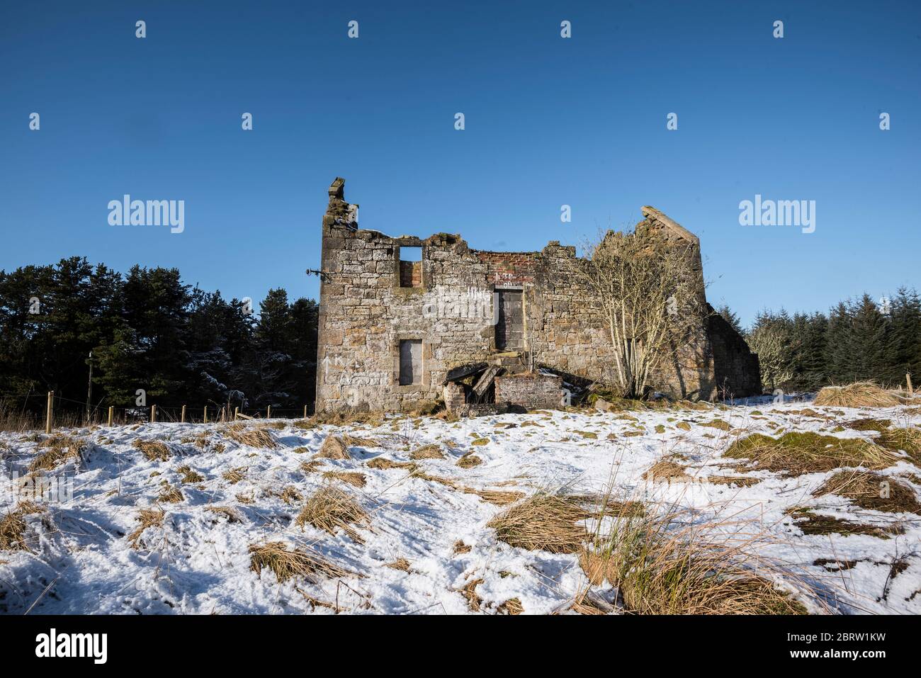 Remoto Derelict cottage in campo innevato nel Lanarkshire, Scozia Foto Stock
