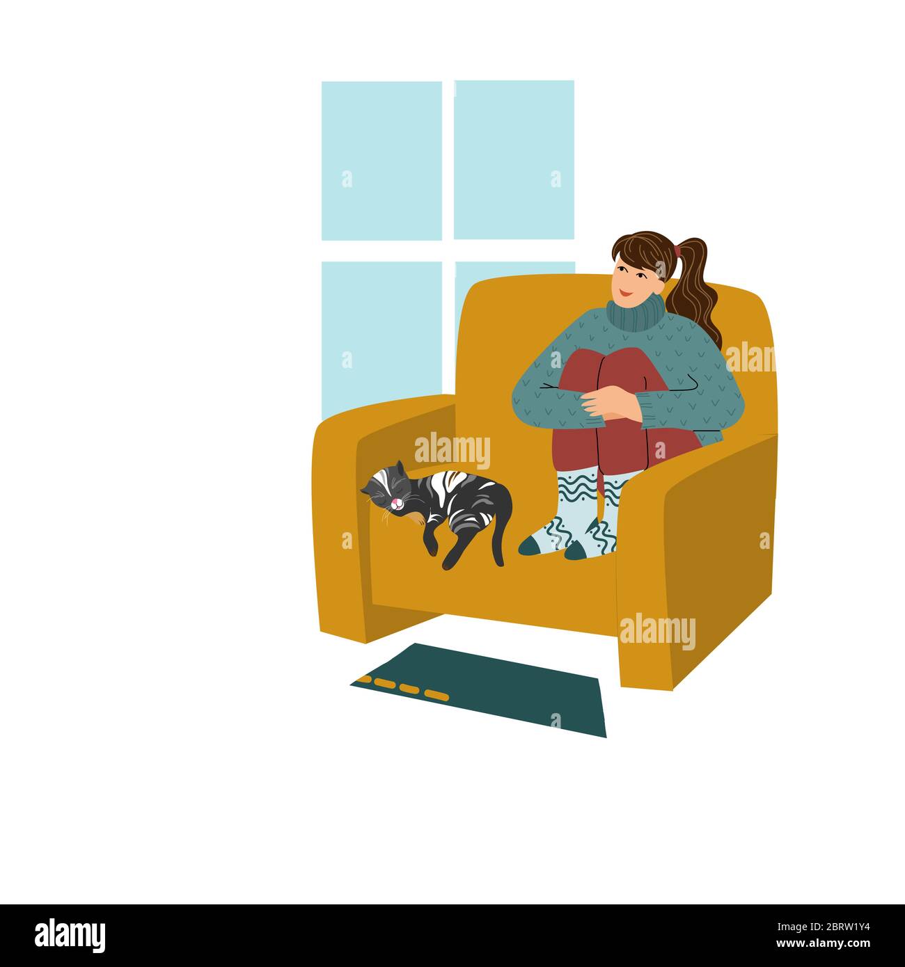 Rimando a casa. Illustrazione vettoriale con ragazza e gatto seduti su una poltrona vicino alla finestra . Concetto di autoisolamento durante la quarantena Illustrazione Vettoriale