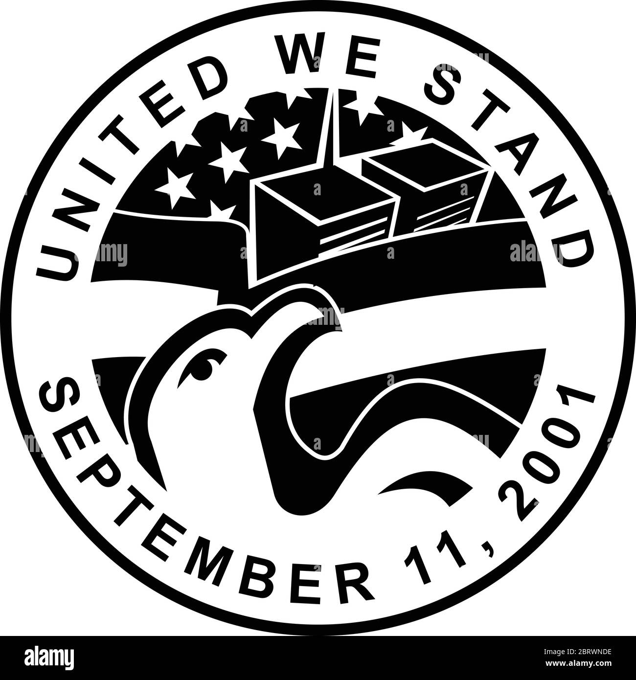 Illustrazione in stile retrò di un edificio WTC American Eagle and World Trade Center con bandiera a spangolamento stella USA o bandiera a stelle e strisce con parole U. Illustrazione Vettoriale