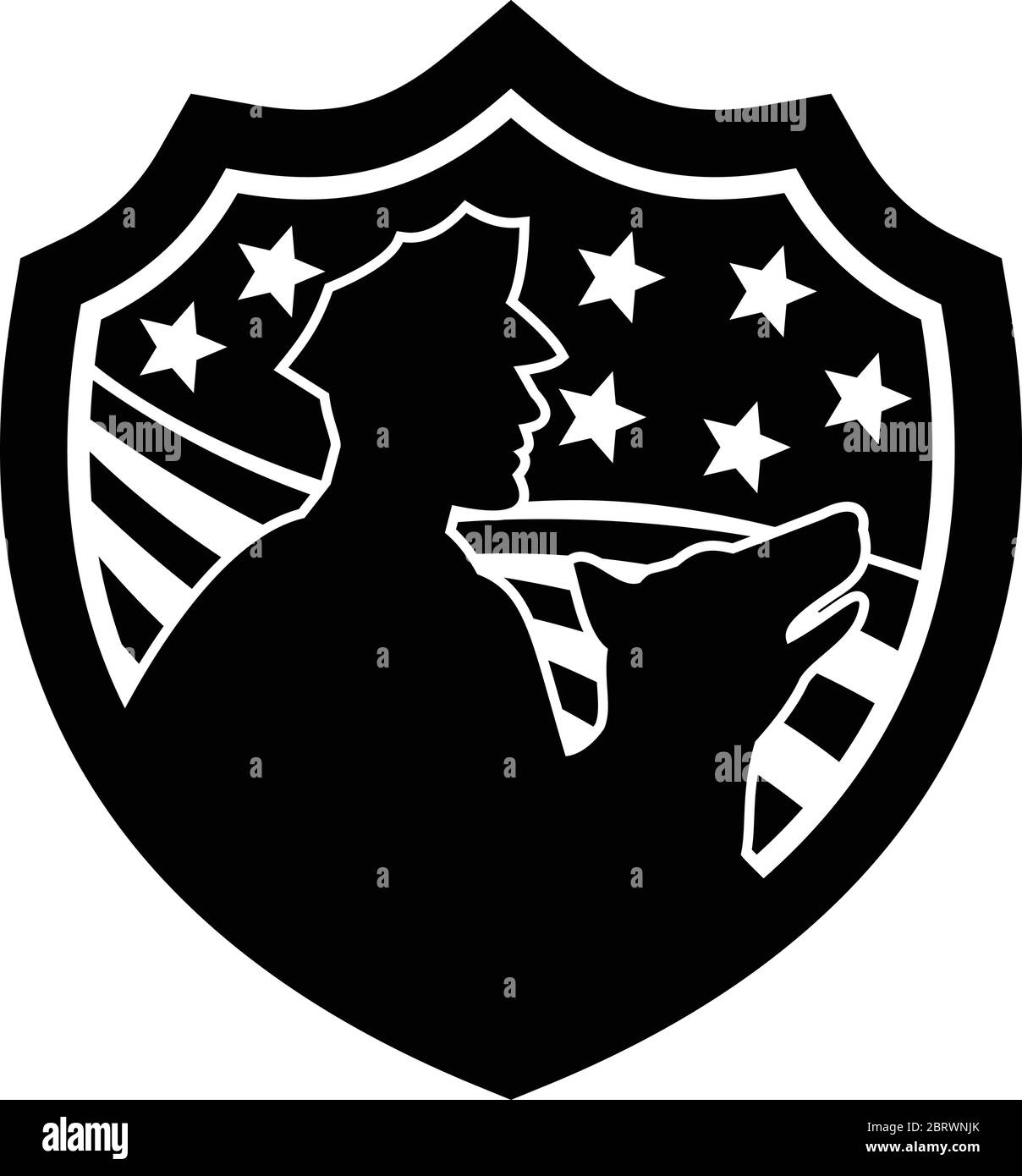 Badge Bianco e nero illustrazione di una silhouette di un poliziotto o guardia di sicurezza americana con cane da polizia con stelle e strisce USA ambientato all'interno della cenere Illustrazione Vettoriale