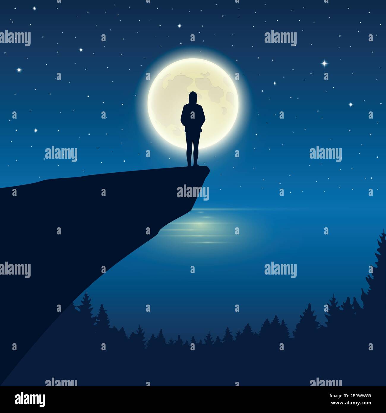 Lonely ragazza godere la luna piena dal vettore oceano illustrazione EPS10 Illustrazione Vettoriale