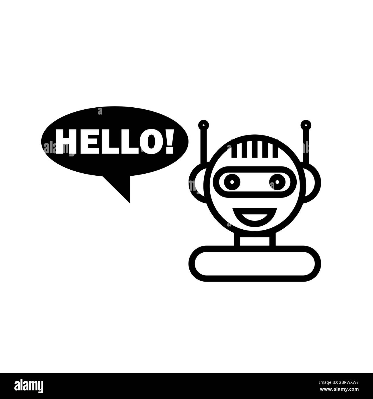 Linea nera Bot Chat su sfondo bianco. Intelligenza artificiale concetto di interfaccia utente. Carino sorridente icona chatbot. Robot assistenza virtuale. Consultati Online Foto Stock